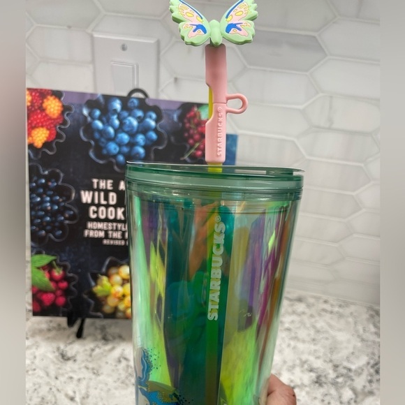 Starbucks Summer Iridescent Canna Lily Butterfly Floral Straw Topper Cup. NWT! - Picture 3 of 8